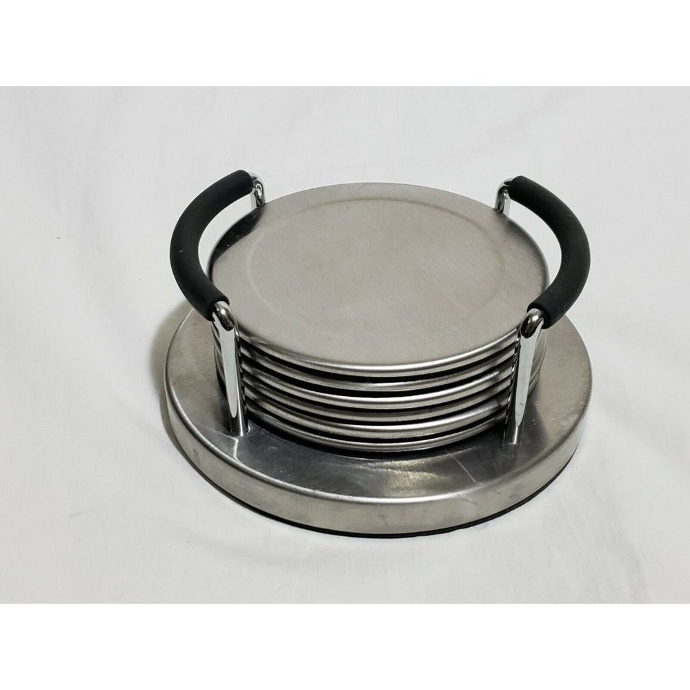 Drink Coasters Stainless Steel with Holder 6 pieces Mainstays padded back